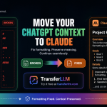 Feature image showing ChatGPT to Claude transfer issues including broken formatting and context loss, with ChatGPT2Claude fix solution by TransferLLM.