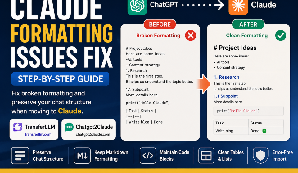 Claude formatting issues fix guide showing clean chat structure and markdown formatting transfer from ChatGPT to Claude.