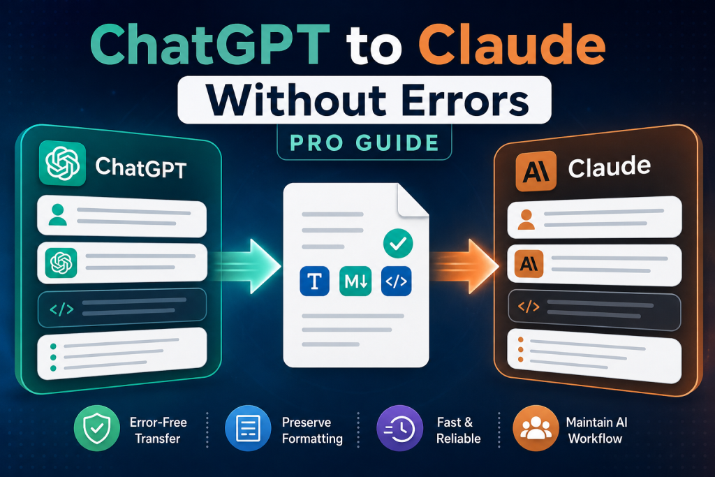 ChatGPT to Claude without errors migration guide feature image showing AI chat transfer workflow and formatting preservation