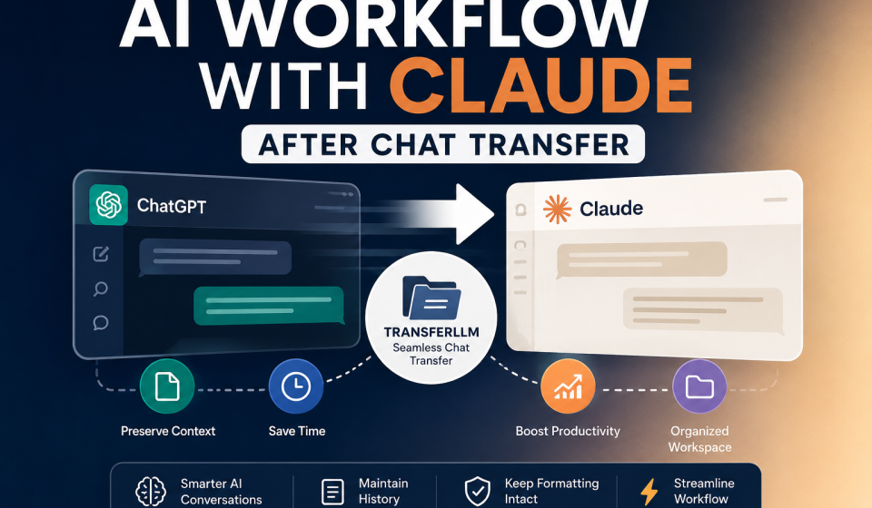 AI workflow with Claude after transferring chats from ChatGPT using TransferLLM for productivity and workflow management.
