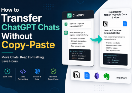 ChatGPT chat transfer tool showing export to Notion without copy-paste