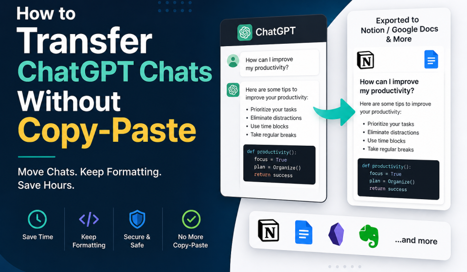 ChatGPT chat transfer tool showing export to Notion without copy-paste