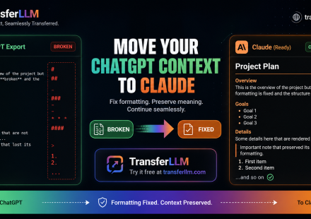 Feature image showing ChatGPT to Claude transfer issues including broken formatting and context loss, with ChatGPT2Claude fix solution by TransferLLM.