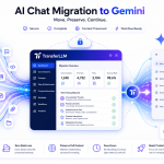 AI chat migration Gemini using TransferLLM, showing seamless transfer of conversations, prompts, attachments, workflow history, and context preservation between AI platforms