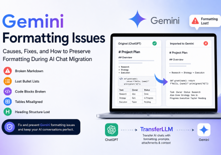 Gemini formatting issues feature image showing broken markdown, lost bullet lists, code block errors, and table formatting problems during AI chat migration from ChatGPT to Gemini using TransferLLM.