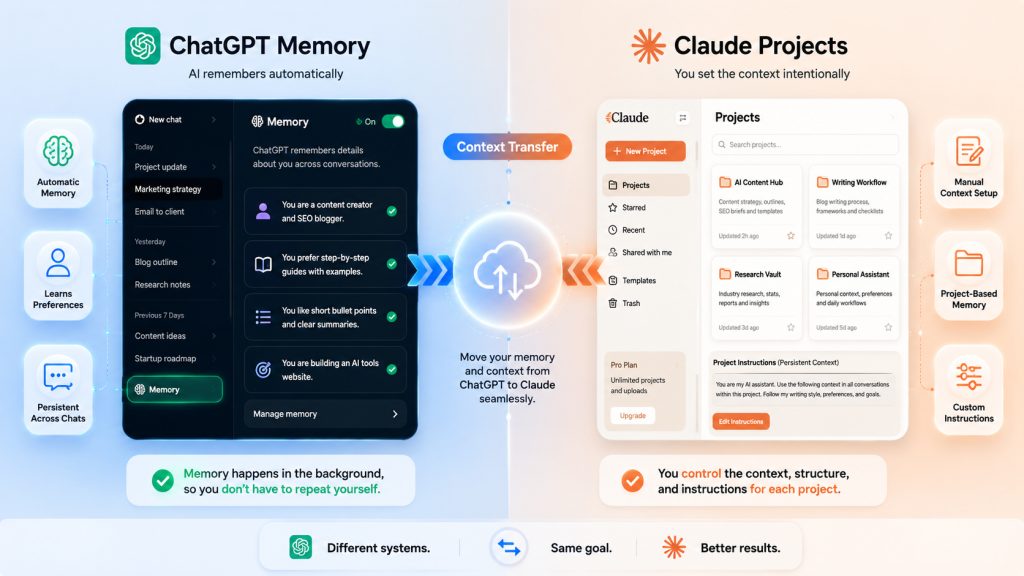 Comparison diagram showing ChatGPT Memory vs Claude Projects with automatic memory features, manual context setup, AI workflow transfer, and SaaS-style interface design.