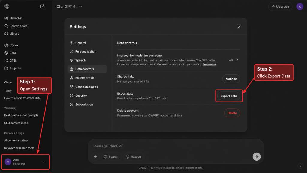 ChatGPT export data settings screen showing Data Controls and Export Data button highlighted for AI chat migration tutorial