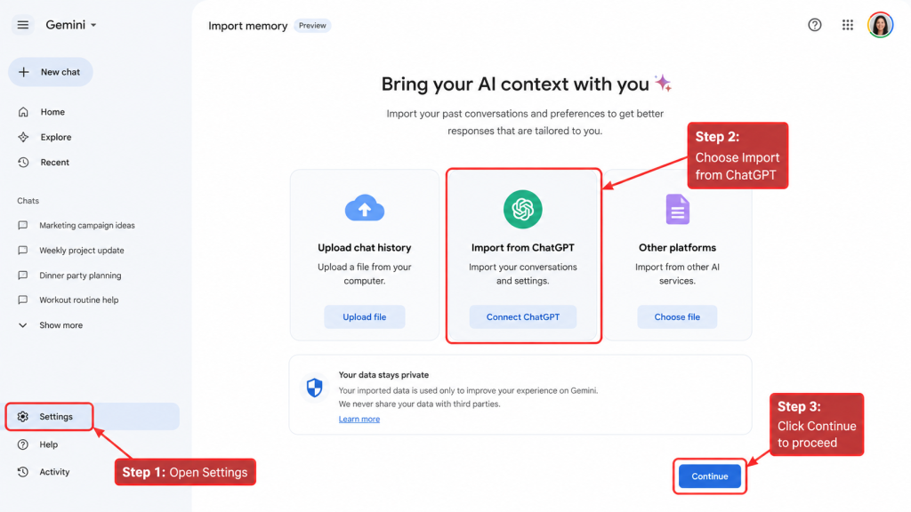 Google Gemini import memory interface showing Import from ChatGPT option and conversation migration setup