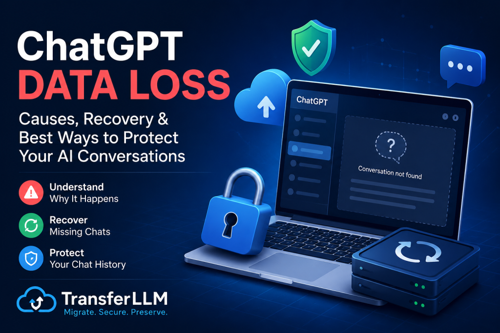 ChatGPT data loss illustration showing missing AI conversations, secure backup, recovery process, and TransferLLM conversation migration platform.