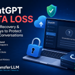 ChatGPT data loss illustration showing missing AI conversations, secure backup, recovery process, and TransferLLM conversation migration platform.