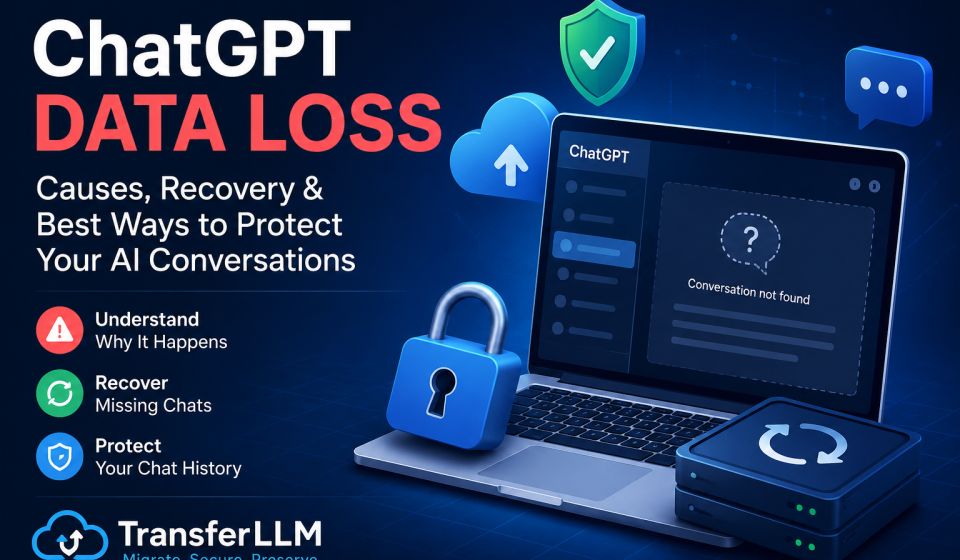 ChatGPT data loss illustration showing missing AI conversations, secure backup, recovery process, and TransferLLM conversation migration platform.