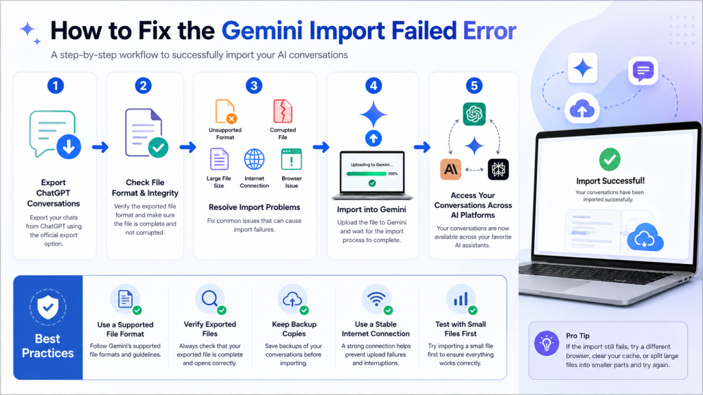 Step-by-step workflow diagram showing how to fix the Gemini import failed error, transfer ChatGPT conversations, and successfully import chats into Gemini.