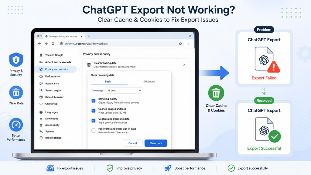 Browser settings showing how to clear cache and cookies to fix ChatGPT export not working issues and successfully export chat history.