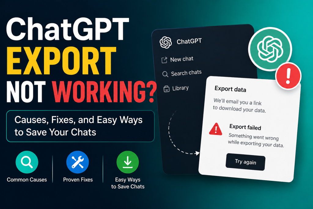 ChatGPT Data Export Not Workingfeature image showing export failed error, troubleshooting steps, common causes, fixes, and ways to save ChatGPT conversations.
