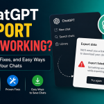 ChatGPT Data Export Not Workingfeature image showing export failed error, troubleshooting steps, common causes, fixes, and ways to save ChatGPT conversations.