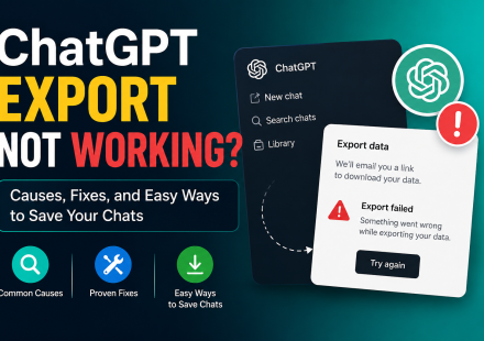 ChatGPT Data Export Not Workingfeature image showing export failed error, troubleshooting steps, common causes, fixes, and ways to save ChatGPT conversations.