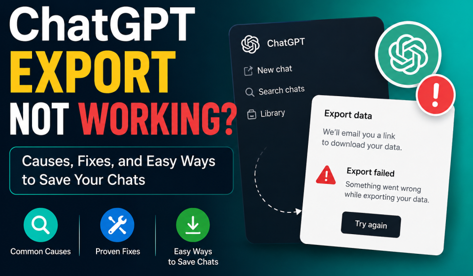 ChatGPT Data Export Not Workingfeature image showing export failed error, troubleshooting steps, common causes, fixes, and ways to save ChatGPT conversations.